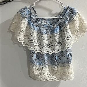 No Boundaries Blue and Cream Lace Blouse
